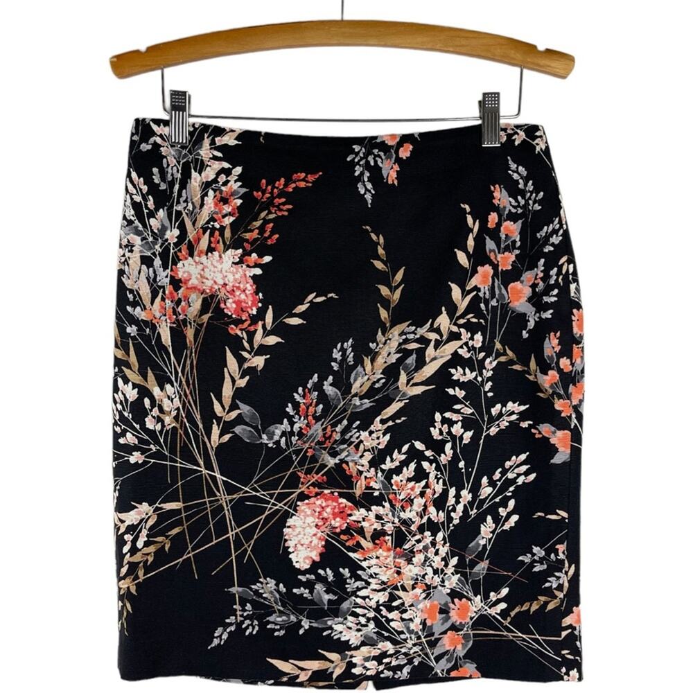 Talbots black cream peach floral pencil skirt 10P